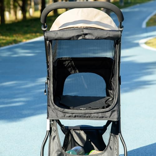 PawHut Hundewagen 2 in 1 Hundebuggy klappbar für Hunde & Katzen bis 10 kg Katzenbuggy mit Kissen Netzfenstern Türen Aufbewahrungskorb Katzenwagen Buggy Khaki