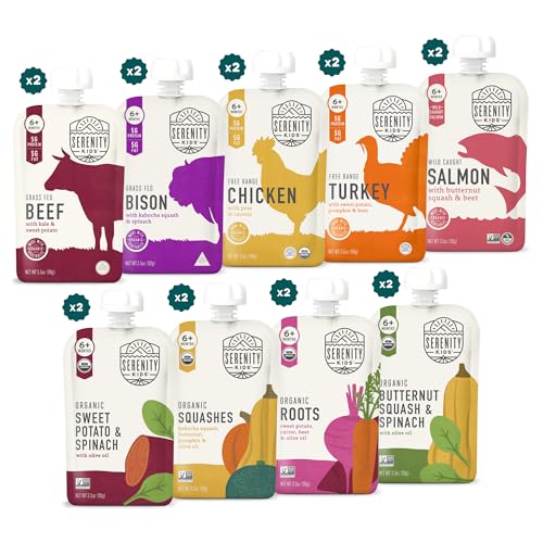 Serenity Kids 6+ Months Meats + Veggies Mixed Baby Food Puree Pouch Variety Pack 18 Count- No Sugary Fruits or Added Sugar – 3.5 Oz BPA & Allergen Free Pouch- Baby Puree Variety Pack – Pouches – Bison