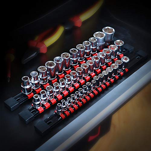 CASOMAN 3 PC Set Socket Organizer, SAE And Metric Socket Holder Rail, 1/4 Drive x 16 clips, 3/8 Drive x 15 clips, 1/2 Drive x 12 clips, Premium Quality Socket Holder (red)