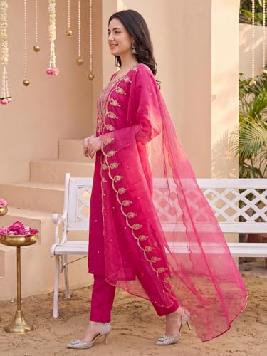 Image of INDO ERA Women's Silk Blend Embroidered Thread Work Kurta & Pant with Dupatta Set | Suit Set For Women