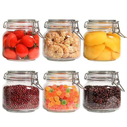 Image of ComSaf Square Glass Pickling Jars 27 oz 6 Pack with Airtight Lids Pantry | Six matching canisters with labels, 3.3-inch wide mouth for pickles, sugar, dry herbs, coffee, tea, snacks and jam storage