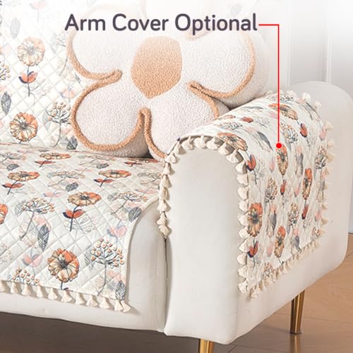 Image of HOKIPO Wildflower Breeze Quilted Sofa Cover with Tassels 2 Seater for Seat & Back, (152x120 cm), 'Tassel Twigs' Series (IN-990-T7)
