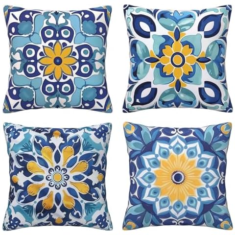 GJLNTRF Blue Boho Set of 4 Pillow Covers, 18x18 Inch Decorative Throw Pillow Covers, for Sofa Living Room Cover