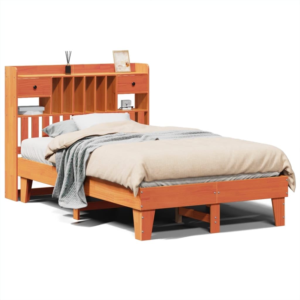 Massivholzbett 135x190 cm, Kiefernholz Wachsbraun, mit Stauraum, Lattenrost, Kopfteil, Bettrahmen für Schlafzimmer Möbel, Platform Bettgestell, stabil