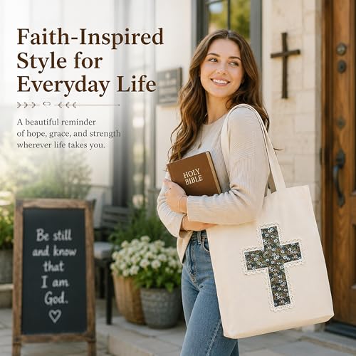 Image of Christian Tote Bag Gift for Women, Canvas Bible Bag Handmade Floral Cross | Christian faith-inspired gift, handcrafted cross with lace, inner pocket, snap closure, bottom gusset, church Bible study use
