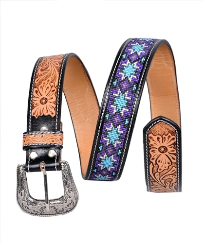 Western Tooled Leather Beaded Belt For Men and Women 30IS1053