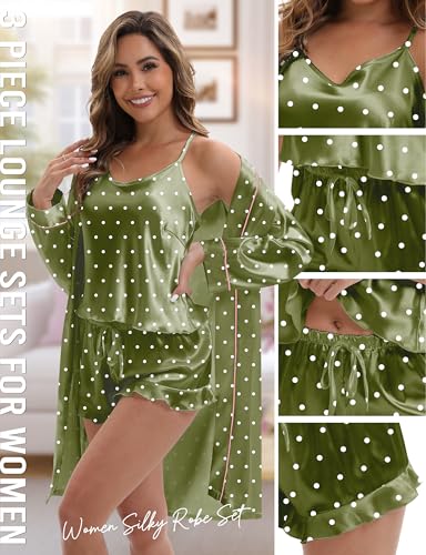 MORFORU Silk Pajamas for Women 3 Piece Satin Pajama Set with Robe Camisole Tops Ruffle Shorts with Sleep Mask 2 Piece Pjs3