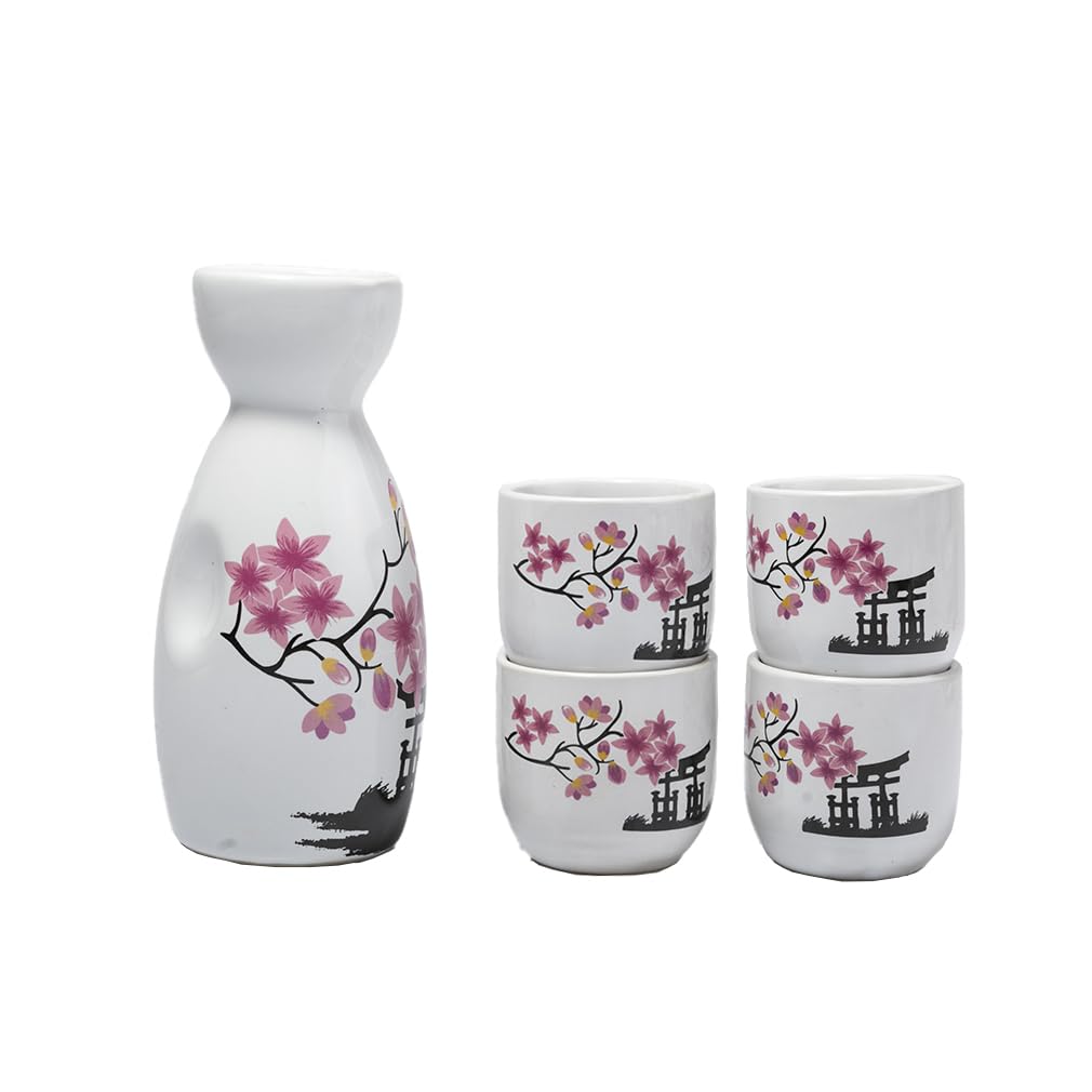 lachineuse - Servizio tradizionale per sake - Pagoda e fiori di ciliegio - con 4 ciotole e caraffa - Regalo per piatti asiatici - Servizio sake tradizionale porcellana Giappone - Idea regalo Asia