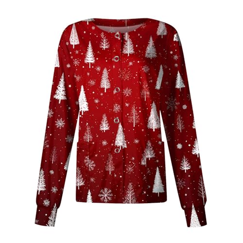 UOFOCO Christmas Scrub Coats for Women Long Sleeve Xmas Print Jackets Medical Holiday Nurse Working Uniforms Character Scrub Tops Reds 4XL