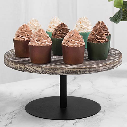 Mygift 12 Inch Round Solid Torched Wood Cake Stand With Black Metal Pedestal, Dessert Appetizer And Cupcake Holder Serving Stand #TOP23