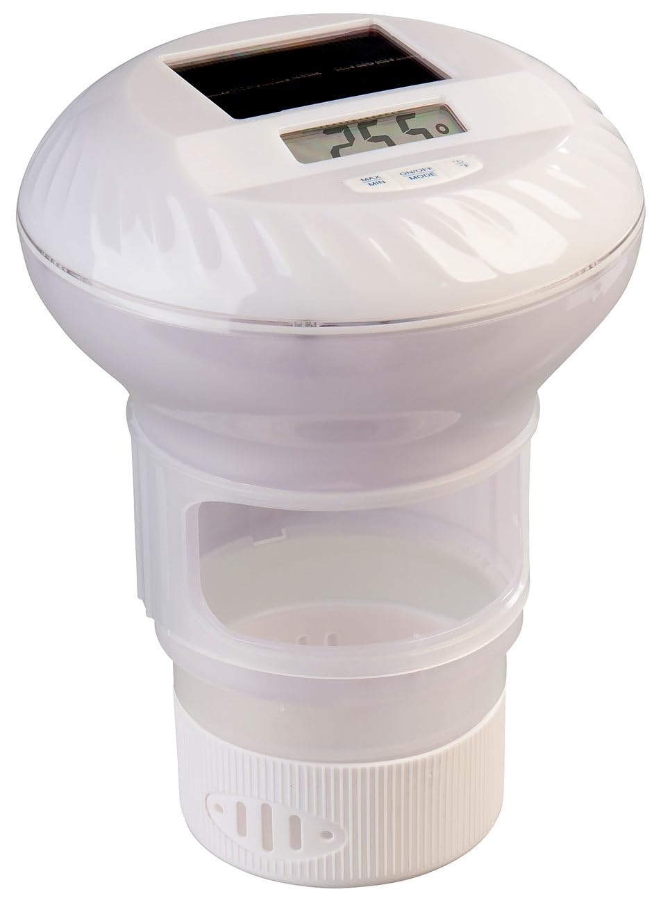 infactory Dosierschwimmer: 3in1-Poolthermometer, Chlor-Dosierer und RGB-Leuchte, Solar, Akku, LCD (Gartenteich-Thermometer, Whirlpool Thermometer, Baby)