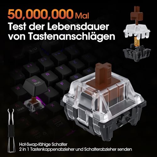 KOORUI Gaming Tastatur, Mechanisch Tastatur QWERTZ Deutsches Layout 104 Tasten 26 RGB Hinterleuchtet Kabelgebunden Gaming Keyboard für Windows MacOS Linux-Brauner Schalter – Bild 5