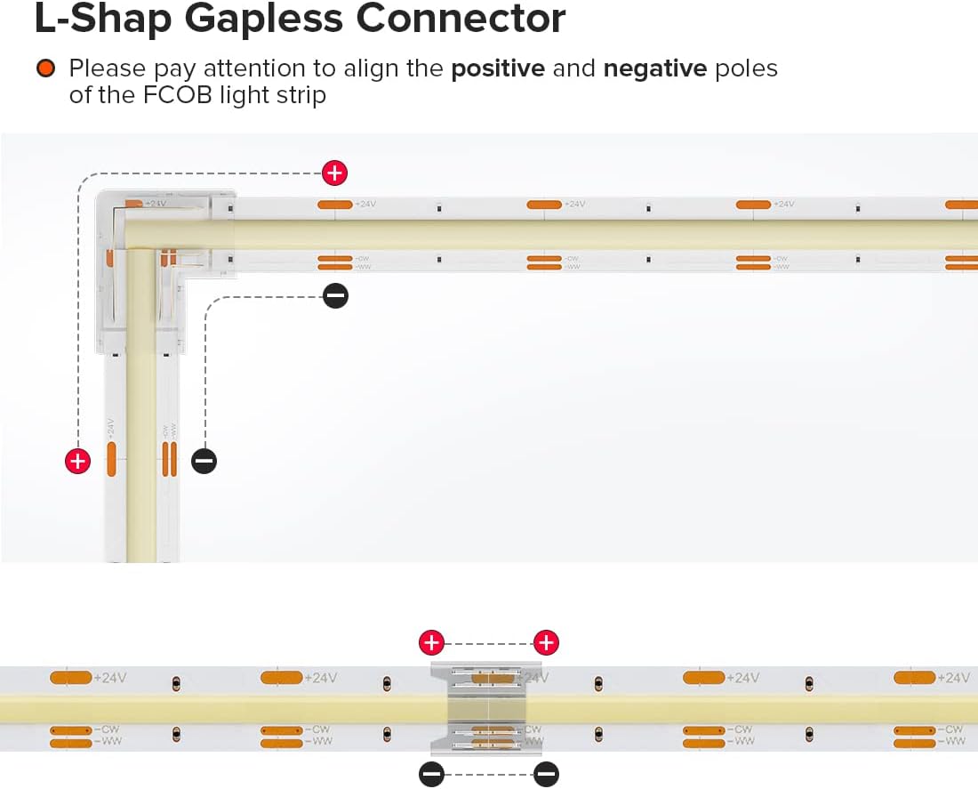 BTF-LIGHTING COB 10mm/0.39in Width LED Connector Kit 6Pcs 3 Pin Transparent Gapless L-Shaped 4Pcs 4Pin Strip to Strip Connectors for PWM FCOB CCT(+ CW WW) LED Lights - Image 4