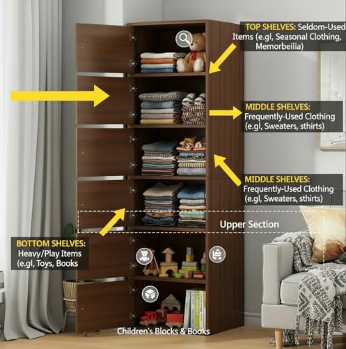 Image of EXVITO Engineered Wood Wardrobe for Bedroom | Foldable 6-Shelf Wooden Storage Cabinet | Cupboard Almirah for Clothes | Collapsible Wardrobe | Space Saving Wooden Cabinet - WALLNUT
