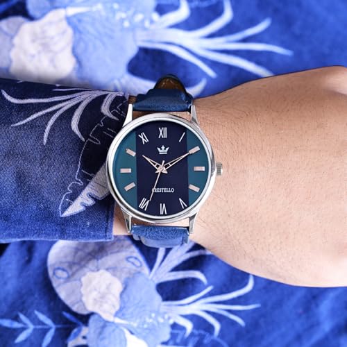 Image of CRESTELLO Faux Leather Strap Analog Wrist Watch for Men (Black /Blue /Green /Brown /Silver Dial) | CR-WT044