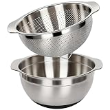 304 Stainless Steel Colander, 2.5 QT Capacity and 2.5 QT Mixing Bowl, Micropore Strainer for Washing Rice, Fruit, and Veggies, Perfect Draining for Cooked Pasta