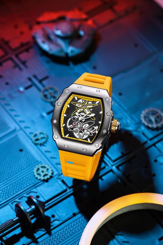 Image of Giordano Analog Skeleton Dial Watch for Men - Tonneau Case, Silicone Strap, Open-Gear Sport Design, Quartz Movement