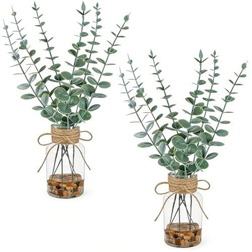 unlemoni 2 Pack Artificial Eucalyptus Stems in Glass Vases, 14" Fake Plants with Faux Water Stones, Small Faux Plants for Kitchen Bathroom Shelf Coffee Table Decor (Green)