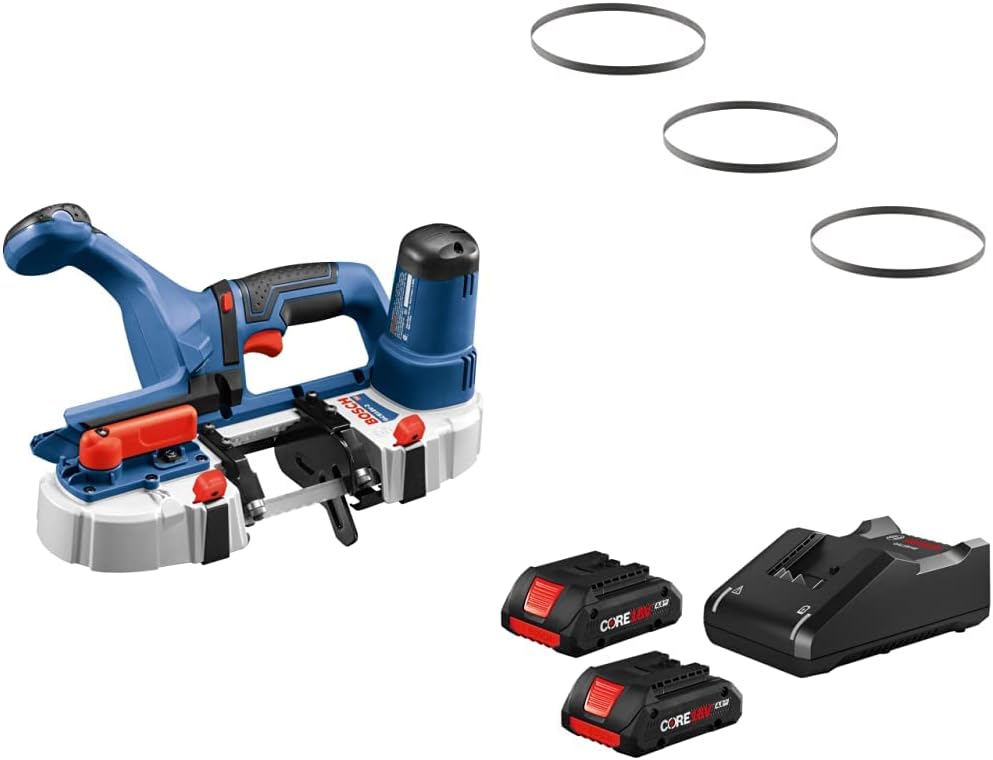 BOSCH GCB18V-2N 18V Compact Band Saw (Bare Tool) + BOSCH CBS1418 3 Pc. 28-7/8 In. 14-18 TPI General-Purpose Portable Band Saw Blades + GXS18V-11N25 CORE18V Starter Kit - (2) 4.0 Batteries & Charger