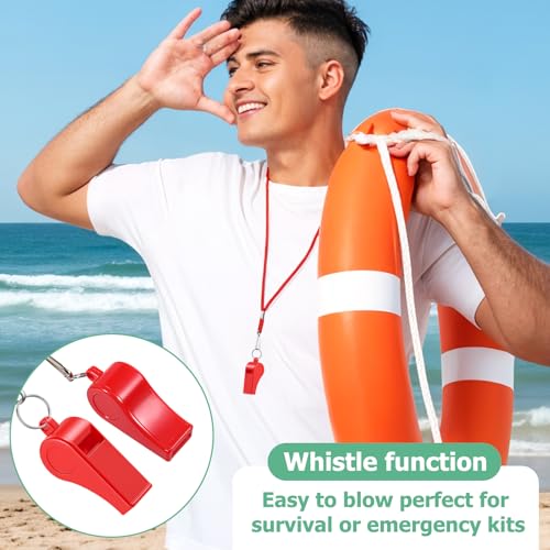 Zyghjort 50 Pack Plastic Whistles for Coaches, 120db Loud Crisp Sound Sports Whistles Bulk with Lanyard, for Lifeguard Survival Emergency Safety Training Football Soccer Gym Outdoor Activities - Red