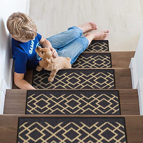 Machine Washable Diamond Deisgn Non-Slip Rubberback 8.5" X 26" Traditional Stair Treads For Wooden Stairs, 7 Pack, Black #TOP13