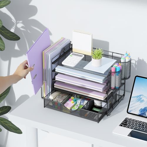 Image of gianotter 5-Tier Desk Organizer with Drawers and File Holders | Letter Trays and Pen Holders - Workspace Accessories for Office Supplies (Black)