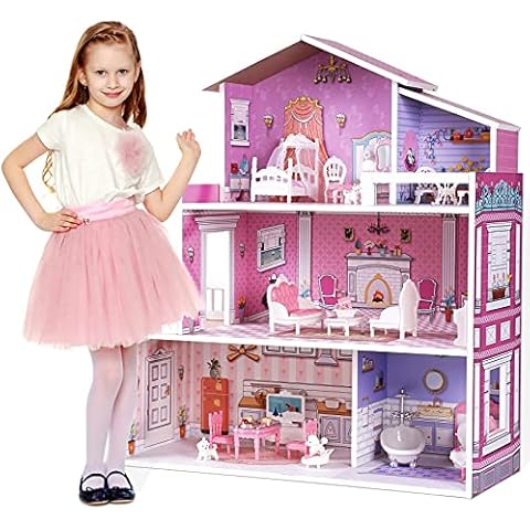 ROBUD Holz Puppenhaus mit Möbeln und Zubehör Mädchen Spielset Puppen Villa Traum Spielzeug Set Cover
