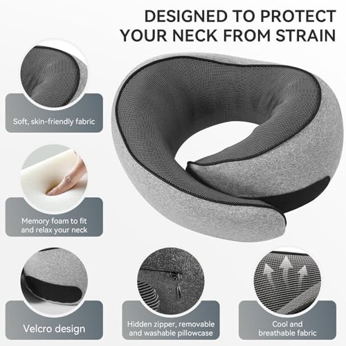 Image of SZXYX Neck Travel Pillows - 100% Pure Memory Foam Neck Pillow for Airplanes, Comfortable Breathable Cover, 360 Support Stowable Pillows for Sleeping, Car, Airport Travel Essentials, Gray