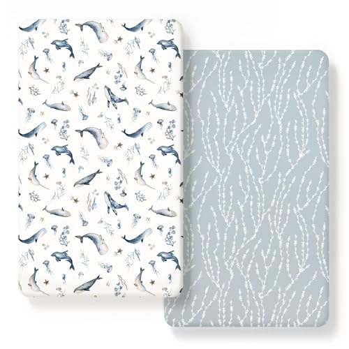 Image of GRSSDER Stretch Ultra Soft Jersey Knit Fitted Crib Sheets Set 2 Pack, Universal Fit All Standard Crib Mattress Pads Safe and Snug, Crib Fitted Sheet with Deep Pocket, Original Design for Baby Boy