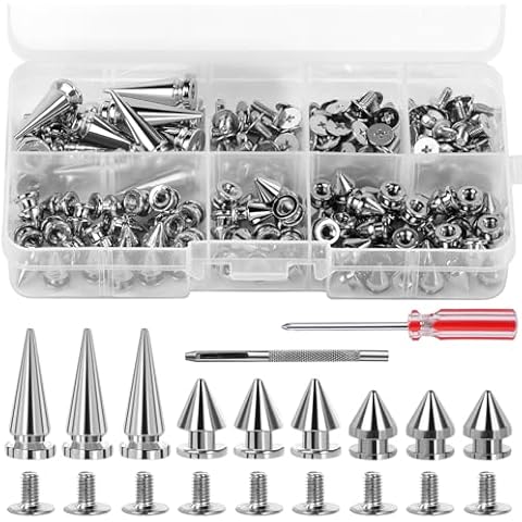 180 Pieces Multiple Sizes Cone Spikes, Screwback Studs Rivets, 3 Sizes Metal Tree Spikes Studs for Punk Style Clothing Accessories DIY Craft Decoration (Silver) Cover