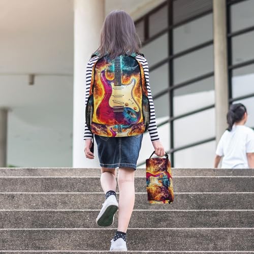 Guitar Fantasy Fire Backpack for School Boys Girls and Teens, Backpack for Men and Women, Lightweight Bookbag with Lunch Box Travel Laptop Daypack 18.5 x 11.8 In3