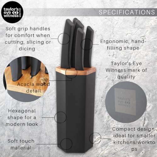 Taylors Eye Witness 5 Piece Knife Block Set – Razor Sharp Black Kitchen Knives with Stylish Hexagonal Block. Stainless Steel Precision, Scratch-Resistant Coated Blades with Soft Touch Handles - Image 5