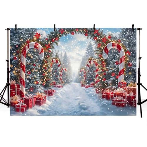 MEHOFOND Telón de fondo de Navidad de 2,1 x 1,5 m, con bastón de caramelo, fondo de fotografía, escena de nieve de invierno, fondo de árbol de Navidad, decoración de fiesta de Año Nuevo, pancarta de