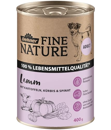Dehner Fine Nature Hundefutter, Nassfutter getreidefrei / zuckerfrei, für ausgewachsene Hunde, Lamm / Kartoffel, 6 x 400 g Dose (2.4 kg)