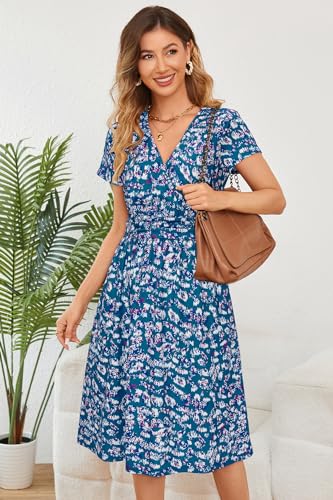 Image of Newshows Women's Pockets Wrap V Neck Floral Summer Vacation Casual Sundress | Wrinkle Free, Stretchy, Summer Beach Floral Sundress 2026, Casual Dress for Vacation, Guaduation, Side Pockets, A-line
