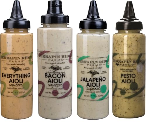 Terrapin Ridge Farms Aioli Garnishing Sauce Variety Pack – Everything, Bacon, Jalapeño & Pesto Flavors – Gourmet Squeeze Bottles – 7.5 to 8 Oz Each (Pack of 4)