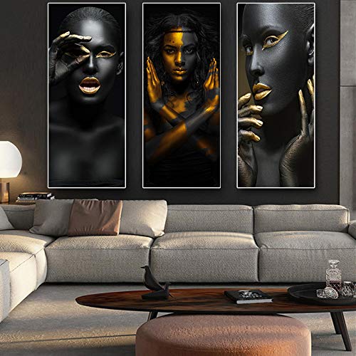 Affiche femme africaine noir et or deco murale salon scandinave chaleureux 60x180 cm