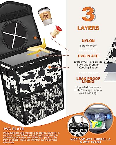 Image of Pritent Car Trash Can with Lid Leakproof Car Garbage Bag Vehicle Trash Bin | Hanging Automotive Garbage Can,Multipurpose Car Accessories for Women Men Interior Car Storage Organizer(2 Gal,Cow Print)
