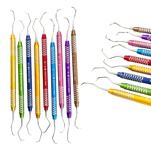 Color-Coded Hollow Handle Gracey Periodontal Curette Scaler Picks, Lightweight, Double Ended Dental Instruments Set of 9