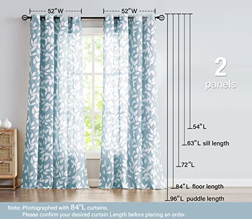 Image of Treatmentex Blue White Curtains for Living Room 63 inch Length Leaves Print Semi-Sheers Curtains for Windows, Grommet Top, 2 Pack