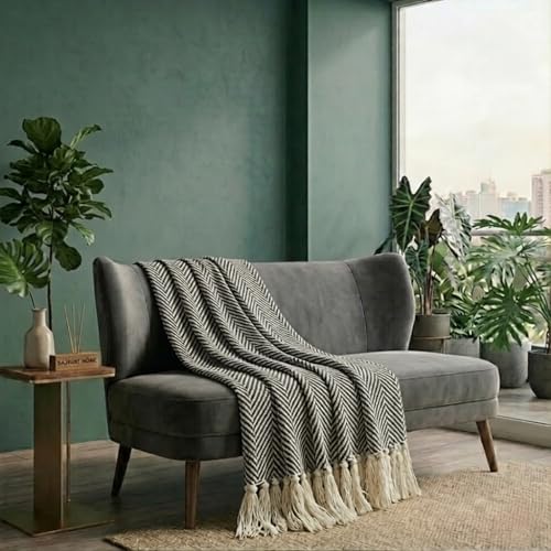 Image of SAJAVAT HOME Hand-Knitted Cotton Sofa Throw | Black & White Tassel Design for 3 & 5 Seater Sofa & Bed | Soft Lightweight All-Season Throw Blanket (80x52 Inches)