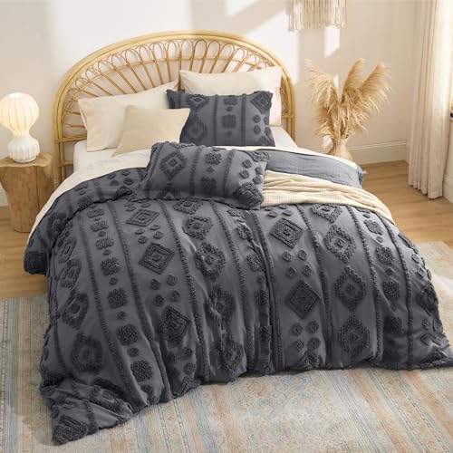 Image of Bedsure Boho Tufted Grey Comforter King Size, GentleSoft 3 Pieces Boho Farmhouse-Style Decor Bedding, Exquisite Bedding for All Seasons, 1 Bed Comforter, 2 Pillow Shams, 104x90 Inches