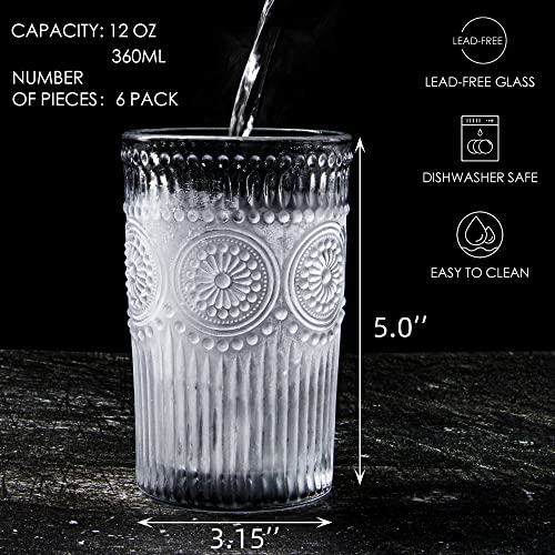 Umeied Romanstic Drinking Glasses Set Of 6, 12Oz Premium Water Glasses Tumblers, Vintage Glassware Set For Whiskey, Beer, Juice, Tea, Dishwasher Safe #TOP1