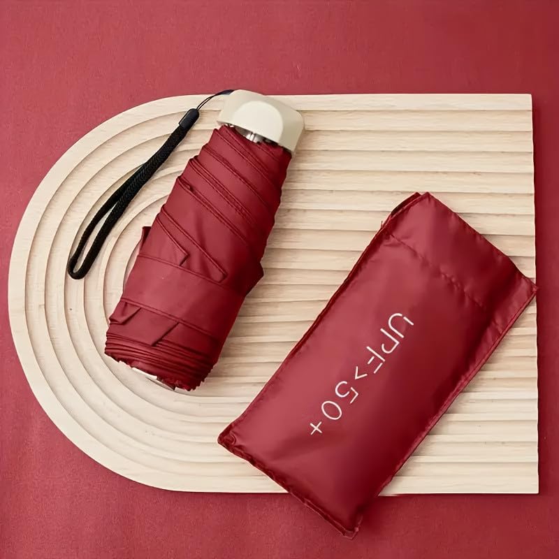 Image of WOOMZY UV Travel Mini Folding Ultra Compact pastel Umbrella with Case, Manual Open 6 Ribs Lightweight Portable, Small Sun & Rain Pocket Umbrella for Men and Women- Use in Rain & Summer (MINI - MAROON)