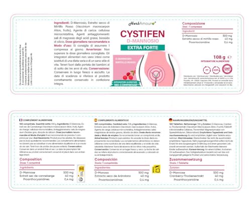 D-MANOSA (Suministro por 6 Meses) 180 Comprimidos Alta Dosis y Absorción I D-Manosa De 500 mg. + Arándano Rojo E.S. De 40 mg. | Sin Gluten, Lactosa, Azúcares y Soja
