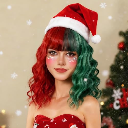 Svolna Half Red GreenShort Bob Wig with Bangs Synthetic Wavy Hair Wigs for Women 14 Inch Cosplay Chrismas Wig for Women Costume Bob Wig (Half red and green-wavy)