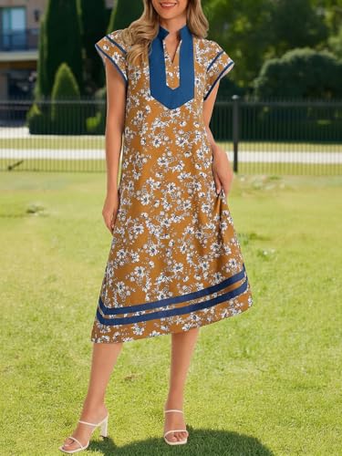 Image of Wenrine Womens Summer Floral Maxi Dress Casual Short Cap Sleeve V Neck Color Block Side Slit Loose Boho Beach Dresses