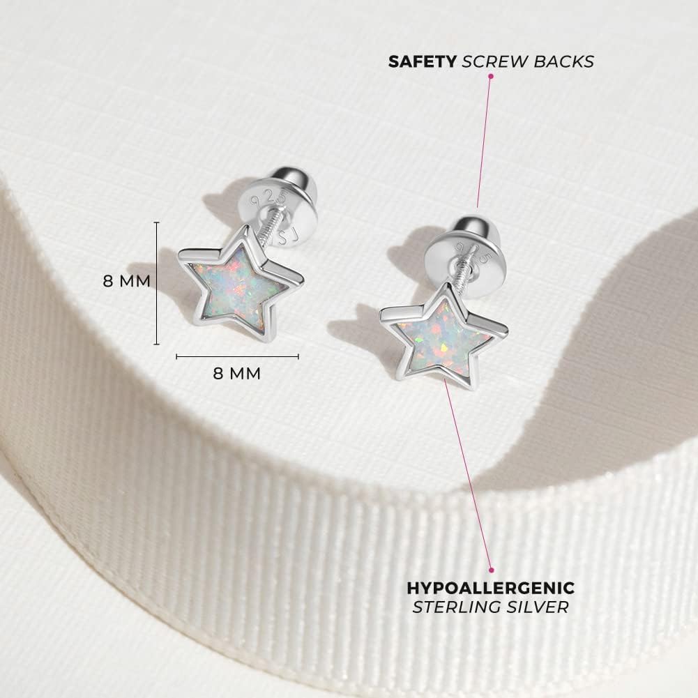 In Season Jewelry Simulated Opal Star Kids Earrings - 925 Sterling Silver Hypoallergenic Earrings for Girls with Secure Screw Backs - Safe & Comfortable for Toddlers, Kids & Little Girls - Image 4