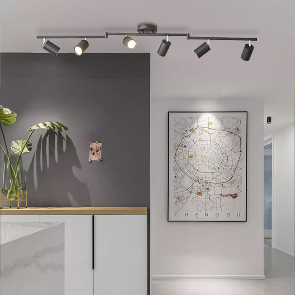 6-Light Ceiling Spotlight Fixed Track Lighting Kit Adjustable Surface Mount Spot Light Fixture Kitchen Island Track Ceiling Lamps Gallery Picture Lights Accent Spotlights