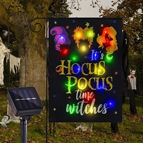 Solar Lighted Halloween Garden Flag It's Hocus Pocus Time Witches Flags for Garden Patio Lawn Outside Halloween Decorations Decor